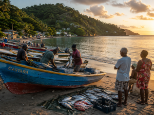 Fishermen on a sandy beach near colorful fishing boats named Castara with fish laid out to dry as the sun sets
