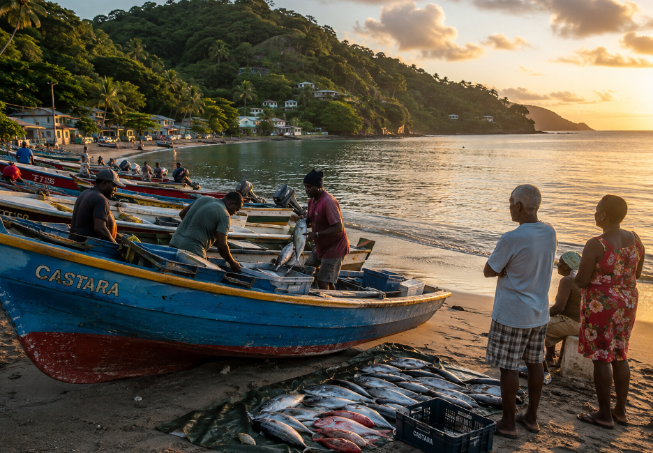 Fishermen on a sandy beach near colorful fishing boats named Castara, with fish laid out to dry as the sun sets.