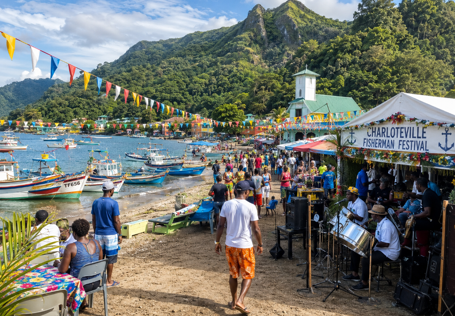 Crowd at Charlotteville Fisherman Festival by a harbor with colorful boats, tents, and a live band performing near the water and green hills.