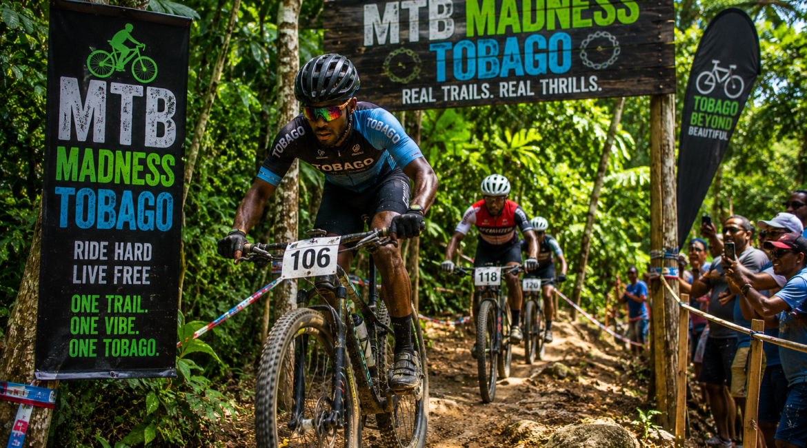Leader on a mountain bike (no. 106) rides a muddy Tobago trail past banners reading MTB Madness Tobago as cheering spectators line the course.