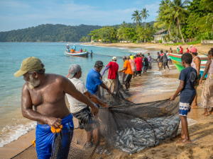 Group of fishermen hauling a large fishing net onto a sandy tropical beach as boats float nearby in calm water