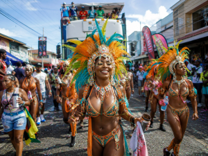 Carnival parade with dancers in bright turquoise and orange feather headdresses and sequined bikinis marching down a street to a cheering crowd