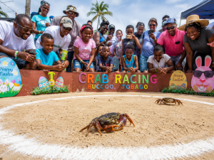 Diverse crowd watches a live crab race on a sandy track in Buccoo Tobago with a colorful CRAB RACING sign and Easter decorations nearby